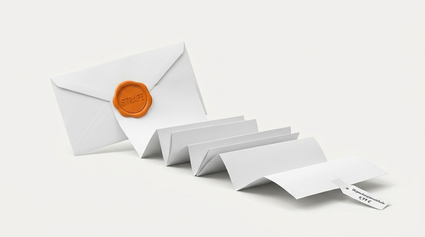 Geprägter Umschlag mit 'STRAFE', Leporello-Papier und ein daran befestigtes Etikett