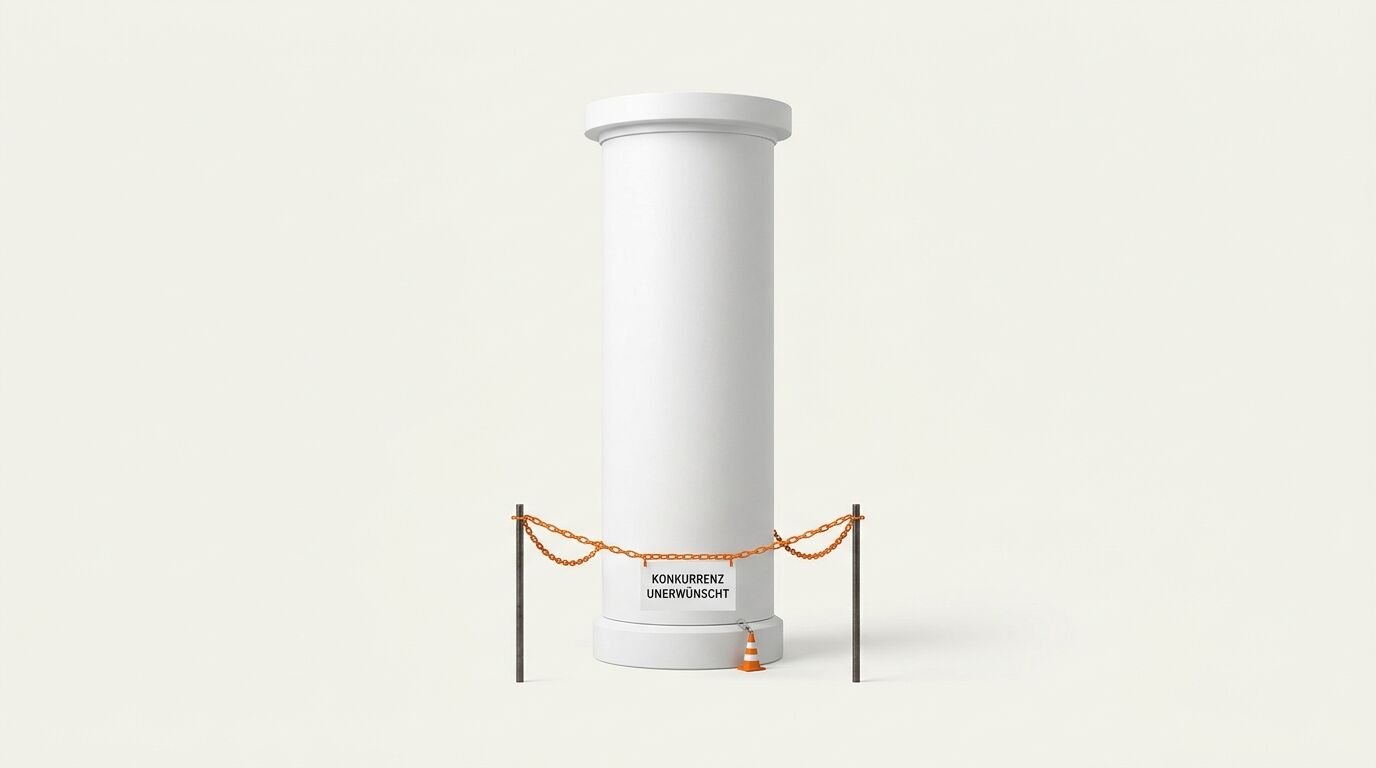 Säule mit oranger Absperrkette und Schild „KONKURRENZ UNERWÜNSCHT“ vor hellem Hintergrund
