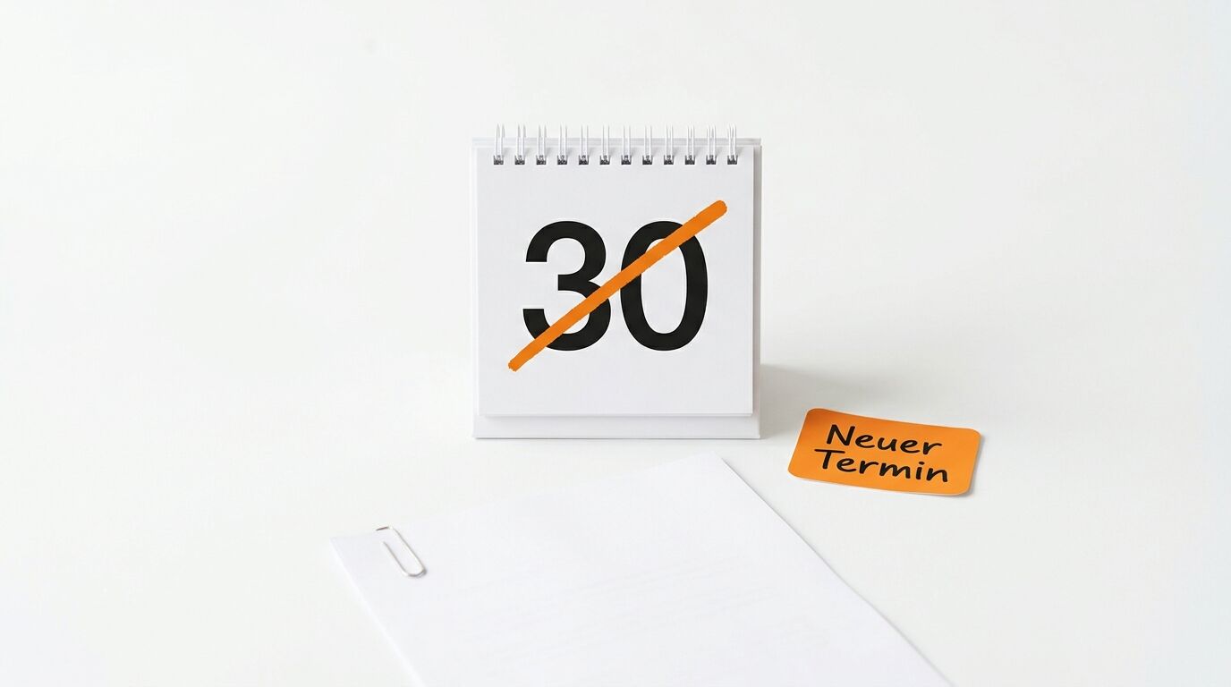 Kalender mit durchgestrichener 30, Papier mit Büroklammer, Notiz „Neuer Termin“