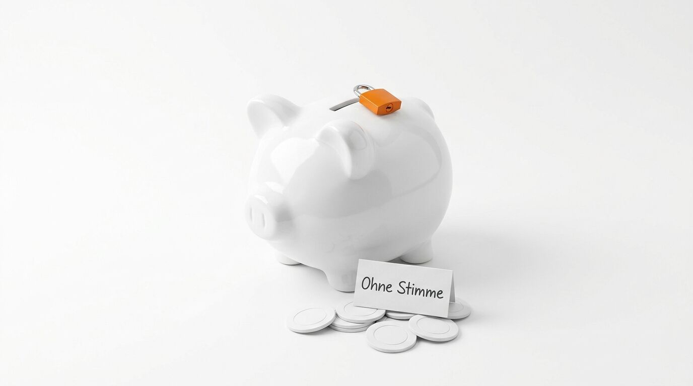 Sparschwein, Schloss, Münzen, Schild „Ohne Stimme“ auf weiß