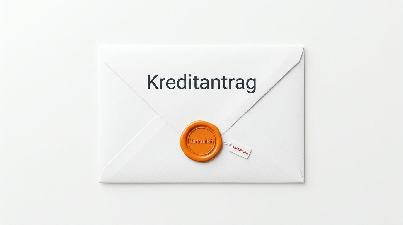 Briefumschlag „Kreditantrag“, Siegel „Vertraulich“, Anhänger „Abgewiesen“