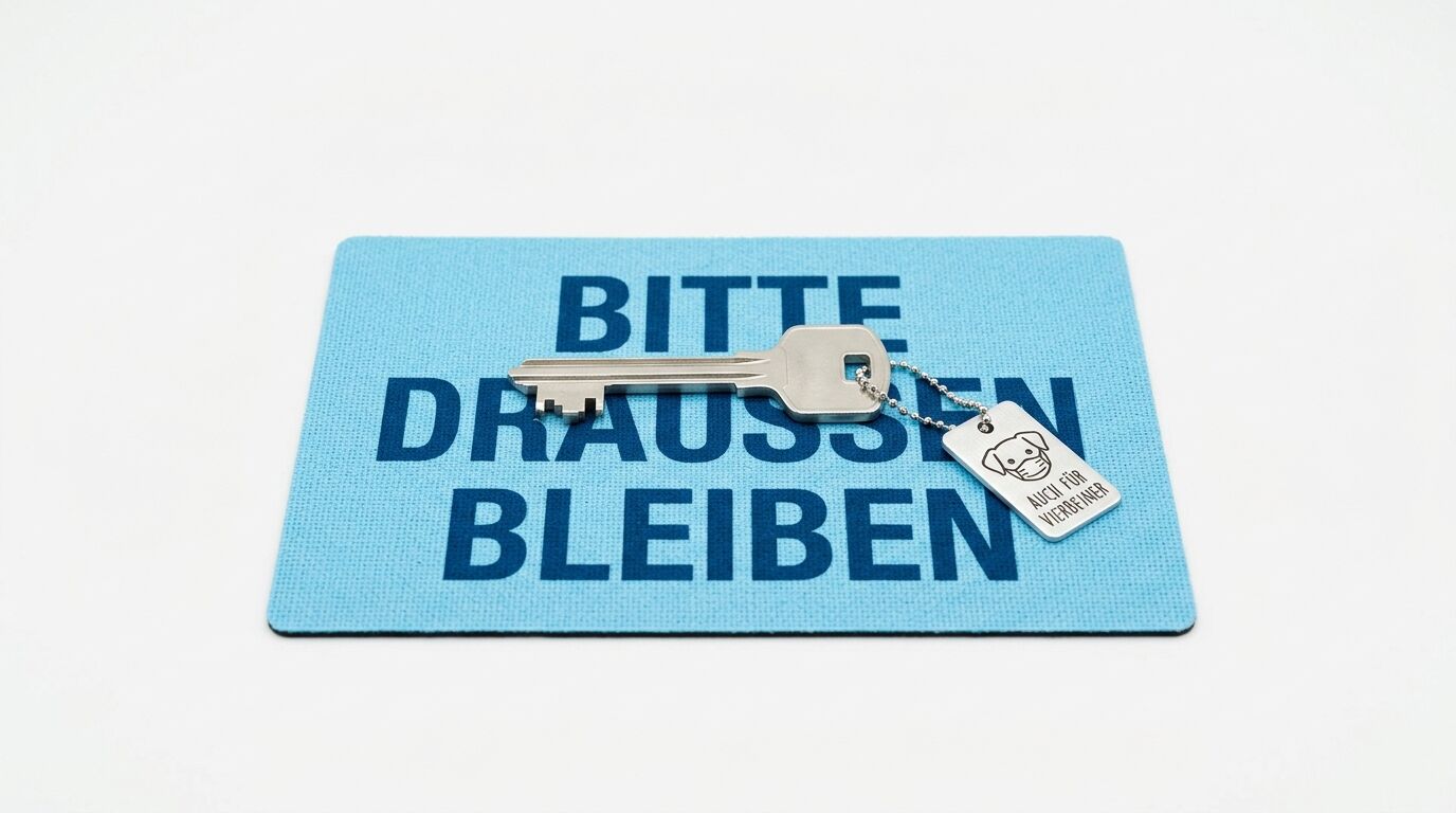 Schlüssel und Hundemarke auf hellblauer Matte mit dem Schriftzug „Bitte draußen bleiben“