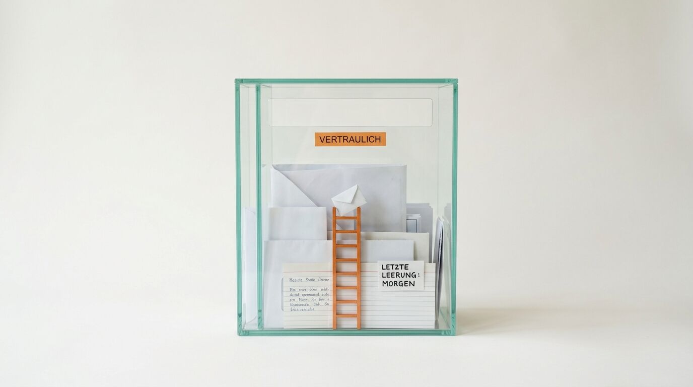 Glasbox mit Briefen, einer kleinen Leiter, einem Kuvert und dem Wort „VERTRAULICH“