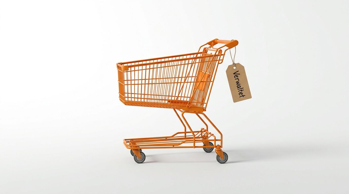 Orangefarbener Einkaufswagen mit Anhänger „Verwaltet“ vor weißem Hintergrund