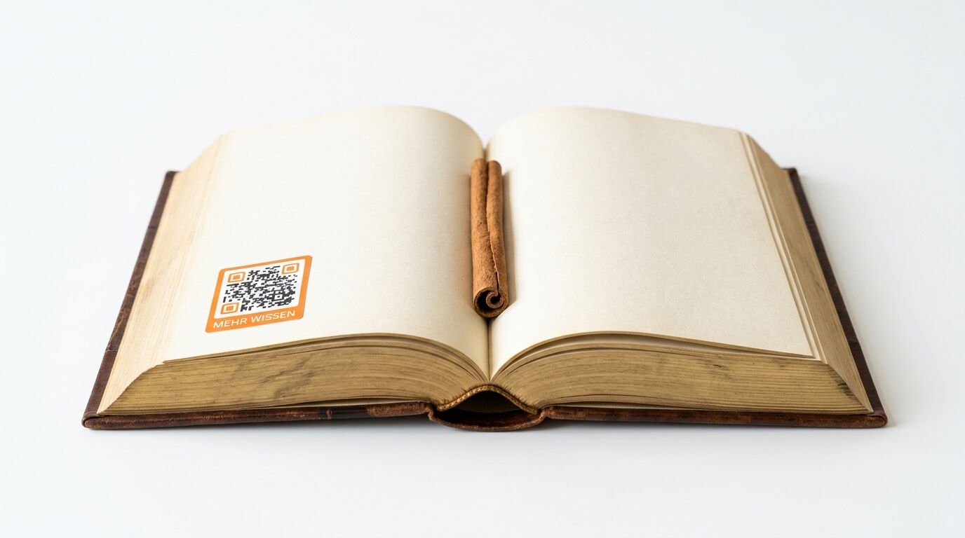 Geöffnetes altes Buch mit Zimtstange in der Mitte und QR-Code-Aufkleber links