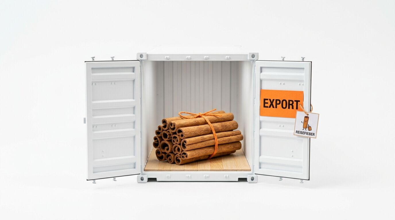 Offener weißer Mini-Container mit Zimtstangen, Holzgeländer und