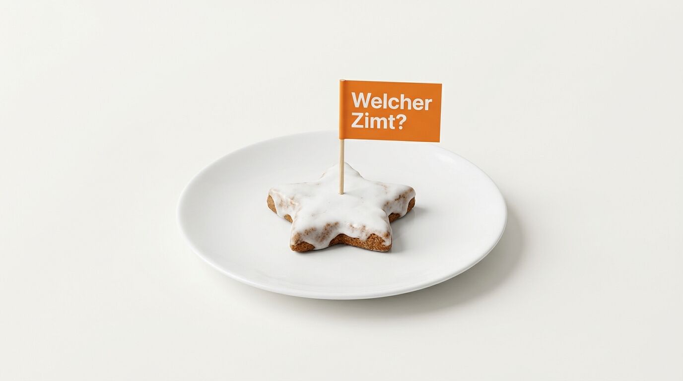 Zimtstern auf Teller mit orangefarbener Fahne und Aufschrift „Welcher Zimt?“
