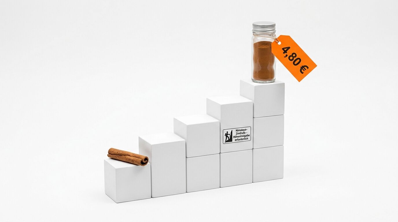 Treppe aus Würfeln mit Zimtstange unten, Preisschild-Glas oben und Warnschild mittig auf Weiß