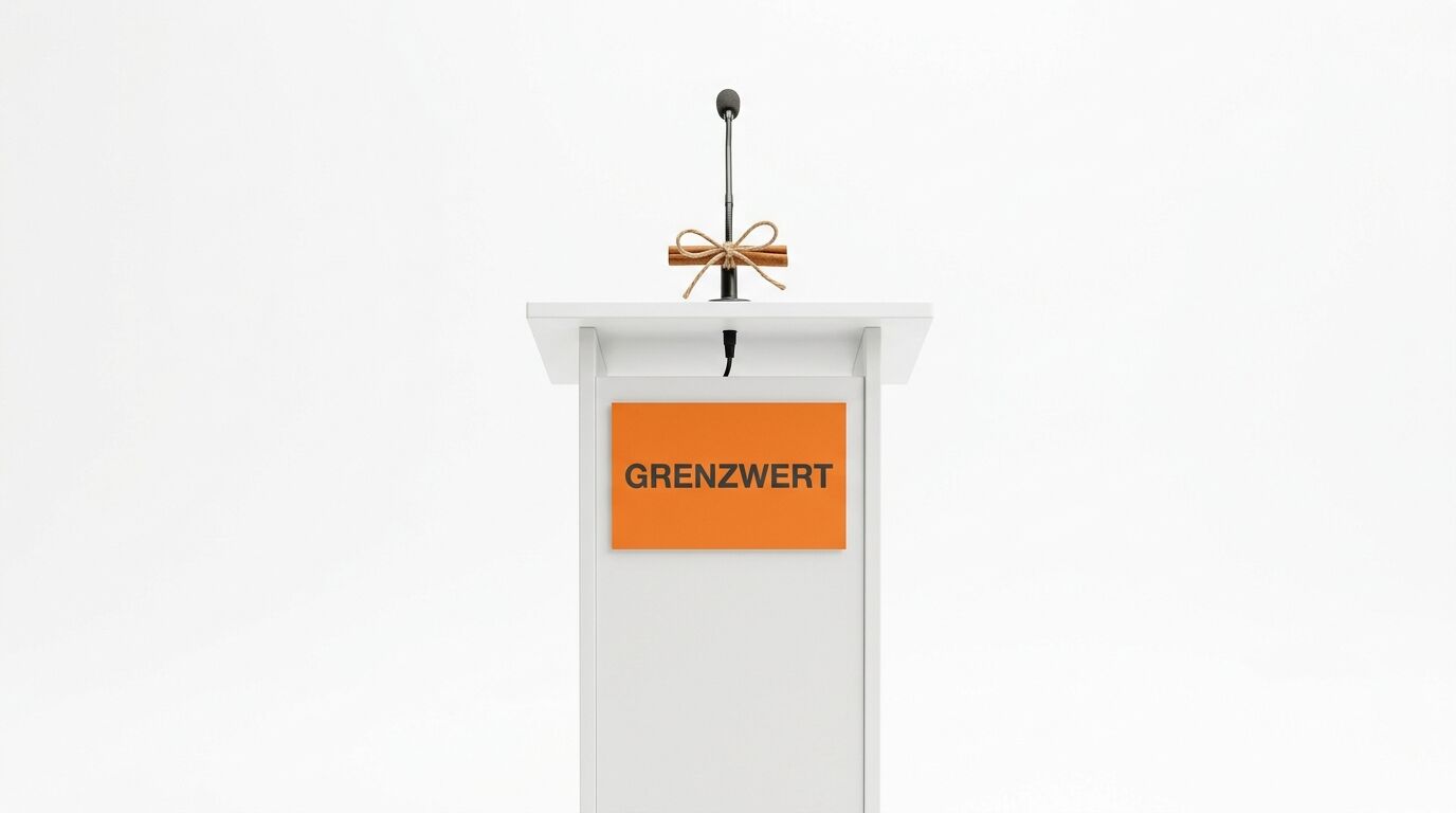 Pult mit Mikrofon, Zimtstangen und orangefarbenem Schild mit Aufschrift