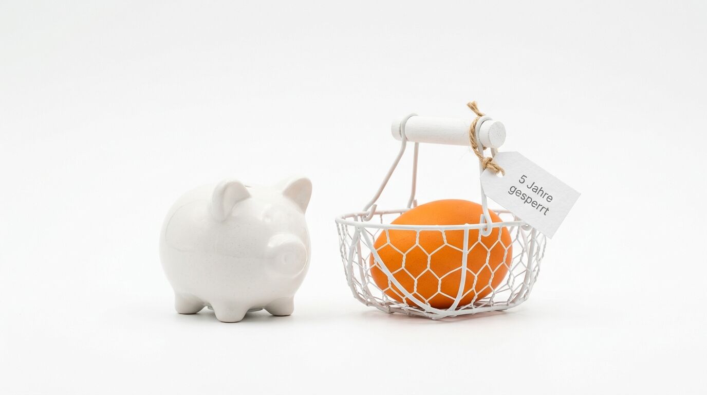 Ein weißes Sparschwein steht neben einem Drahtkorb mit einem orangefarbenen Ei und einem Anhänger
