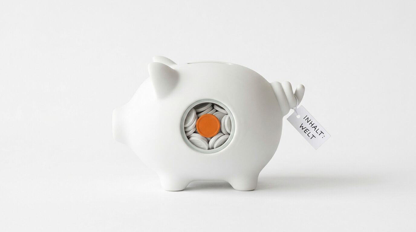 Ein weißes Sparschwein mit Tabletten und einem Schild, das „INHALT: WELT“ sagt
