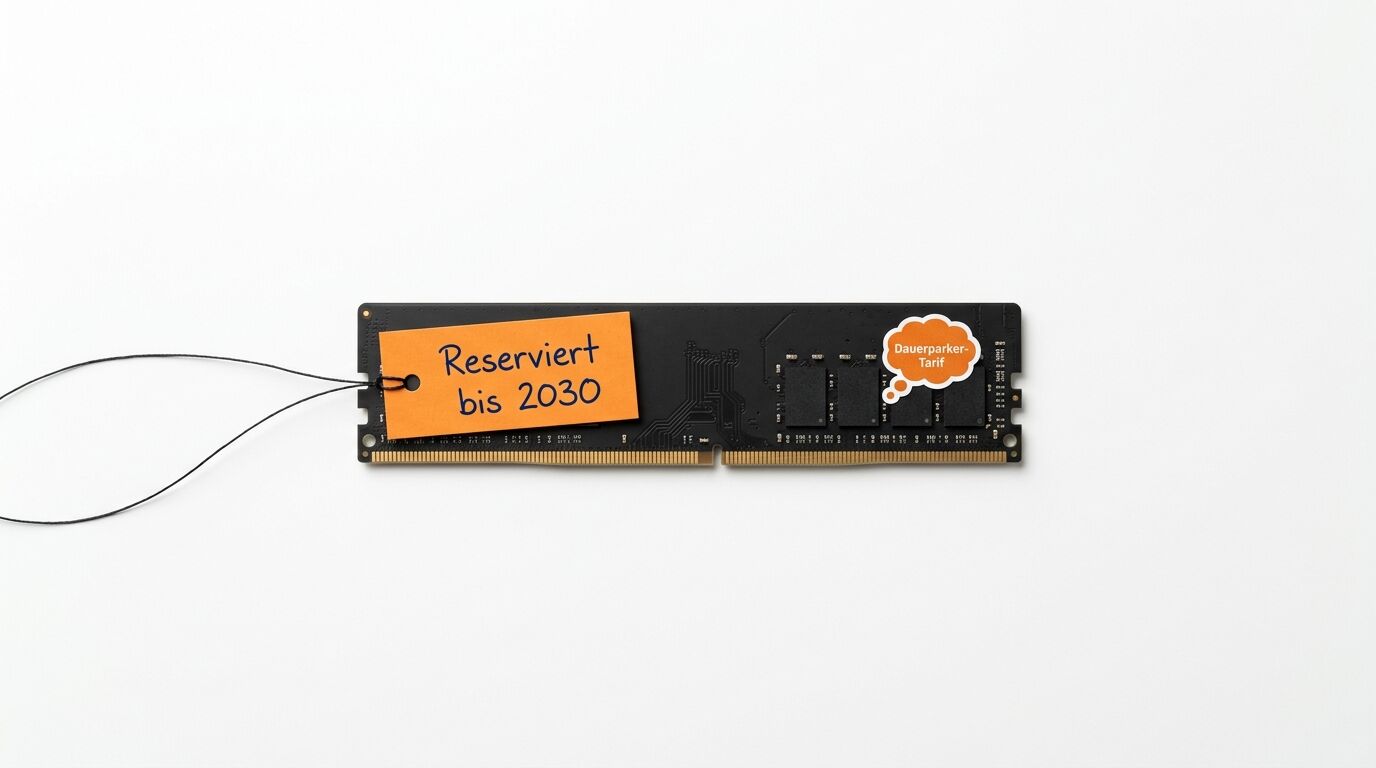 Ein RAM-Riegel mit zwei orangefarbenen Etiketten und Text auf weißem Hintergrund
