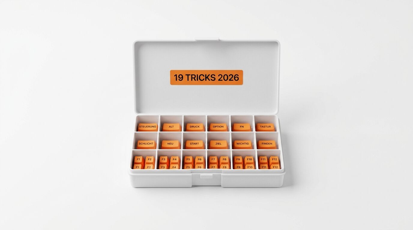 Weiße Box mit orangen Tastaturkappen, beschriftet „19 TRICKS 2026“