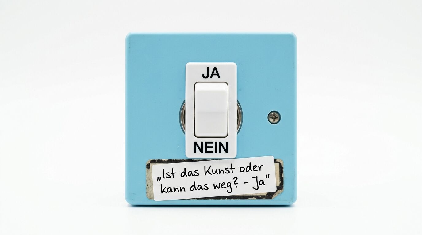 Hellblauer Schalter mit Aufschrift „JA“, „NEIN“ und „Ist das Kunst...“