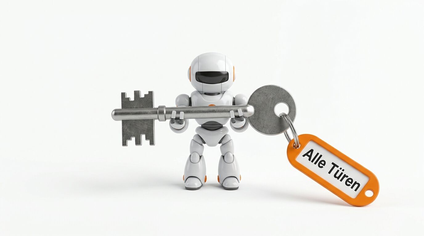 Kleiner weißer Roboter hält großen Schlüssel mit Anhänger „Alle Türen“ vor weißem Hintergrund