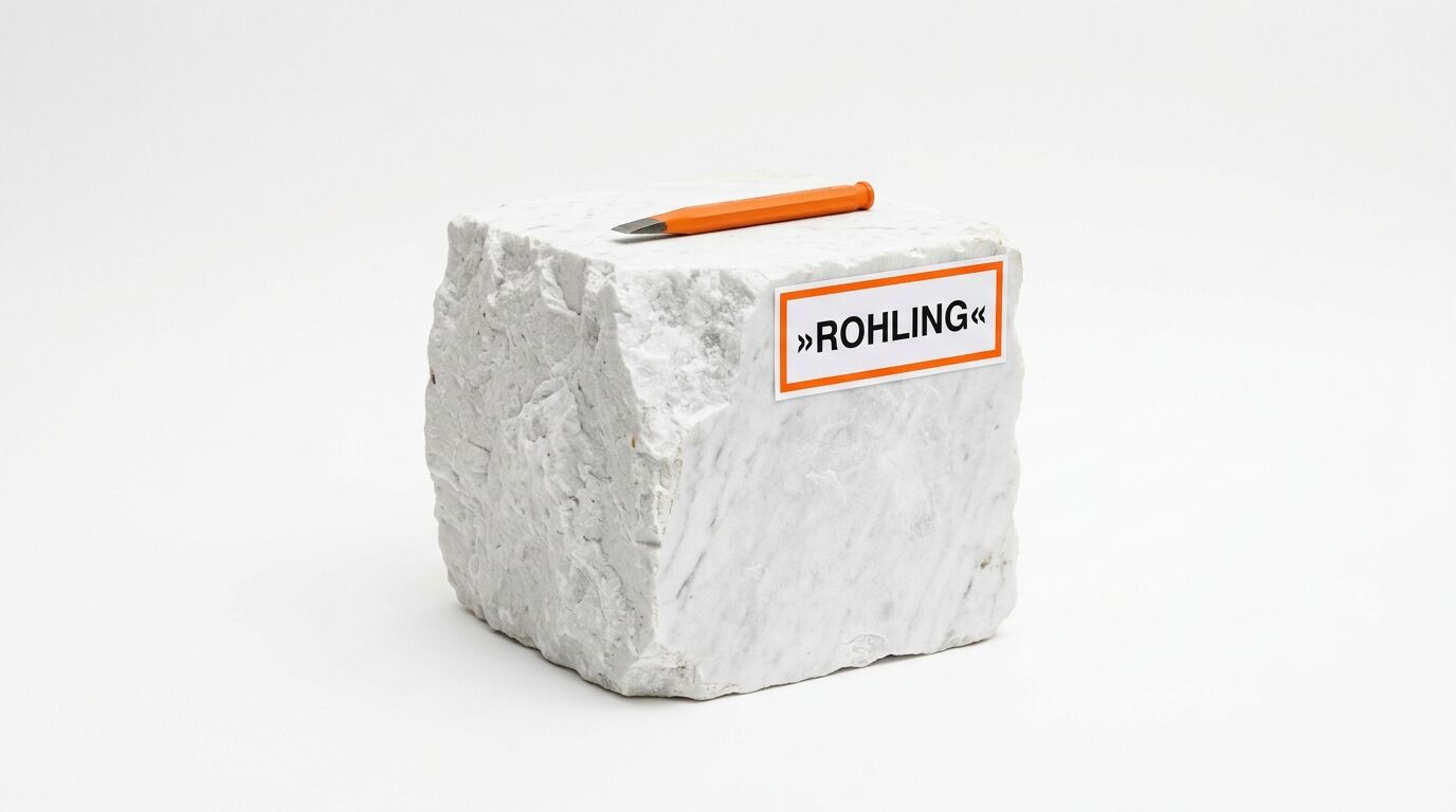Marmorkubus mit Meißel und Aufkleber „»ROHLING«“ vor weißem Hintergrund