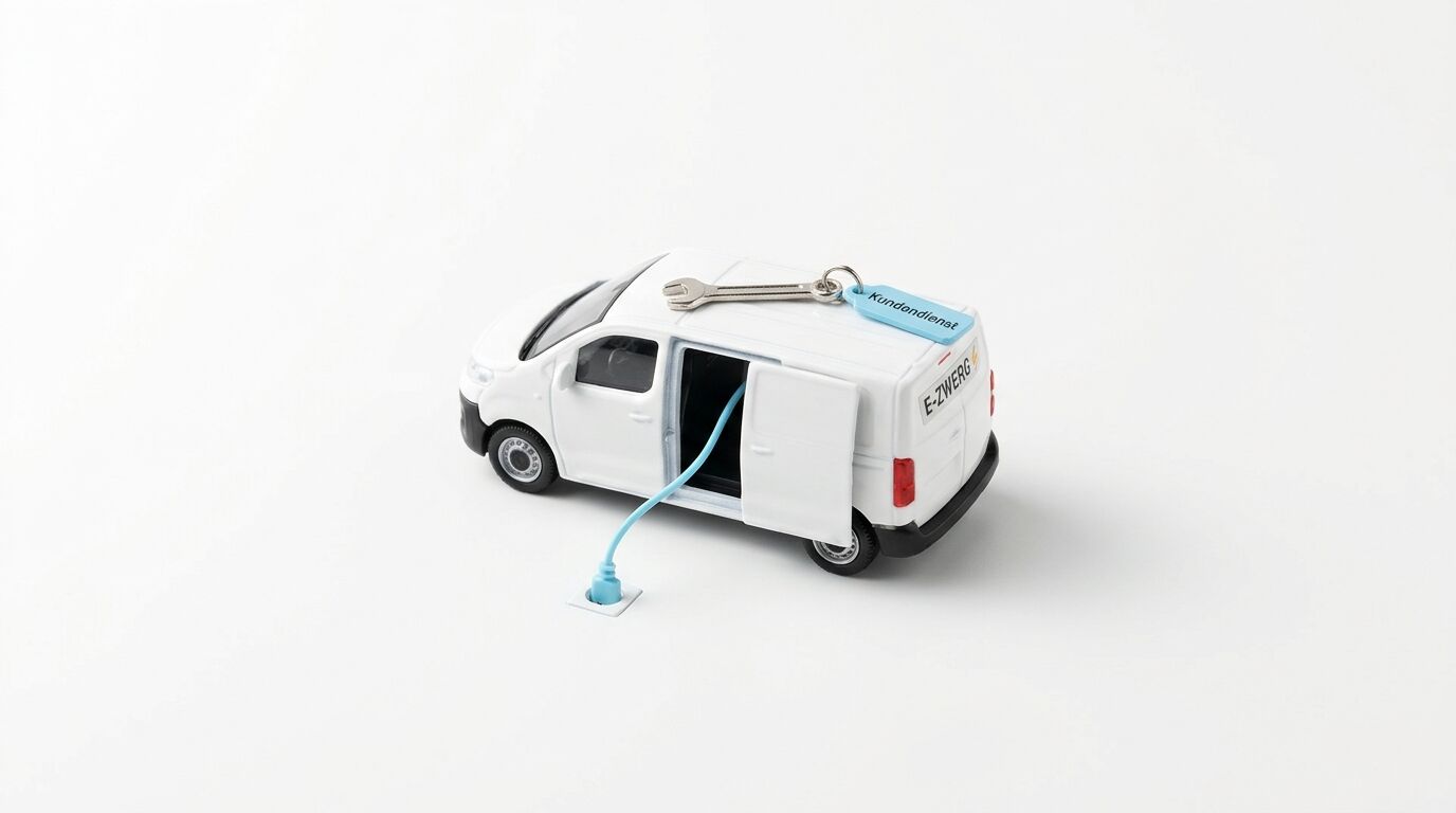 Spielzeug-E-Transporter mit Ladekabel und Werkzeugschlüssel auf dem Dach