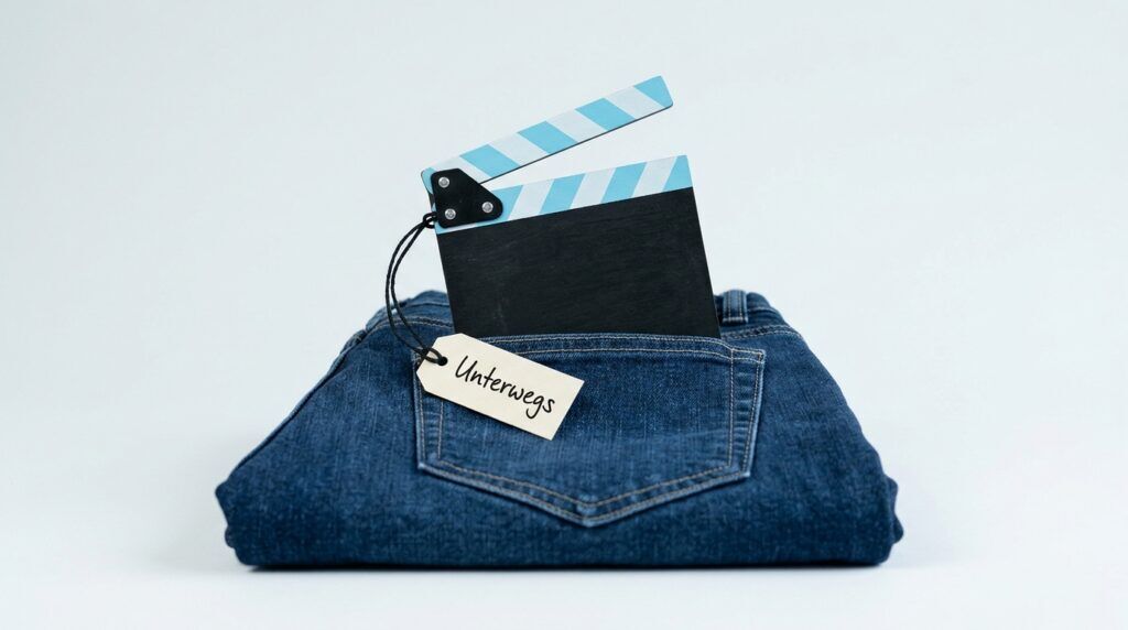 Miniatur-Filmklappe in der Gesäßtasche einer Jeans mit Etikett „Unterwegs“, Sinnbild für Adobe Premiere für iPhone und den Videoschnitt unterwegs