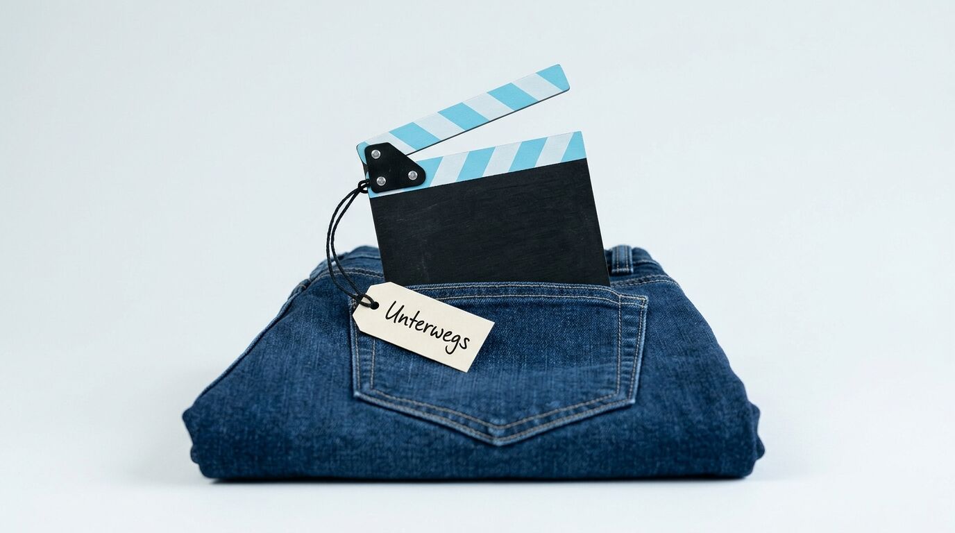 Filmklappe und Anhänger mit Aufschrift „Unterwegs“ in der Gesäßtasche einer gefalteten Jeans