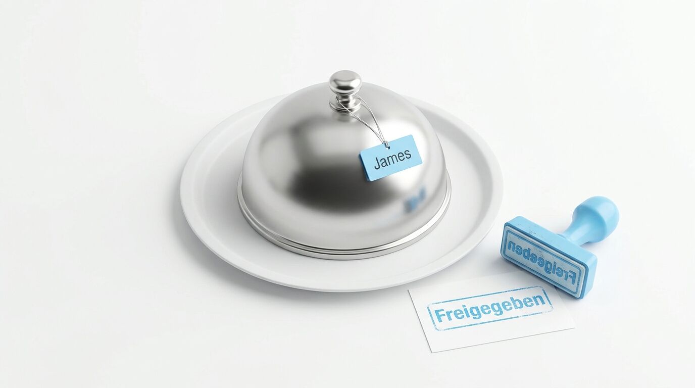 Speiseglocke mit Namensschild „James“, blauer Stempel und Abdruck „Freigegeben“
