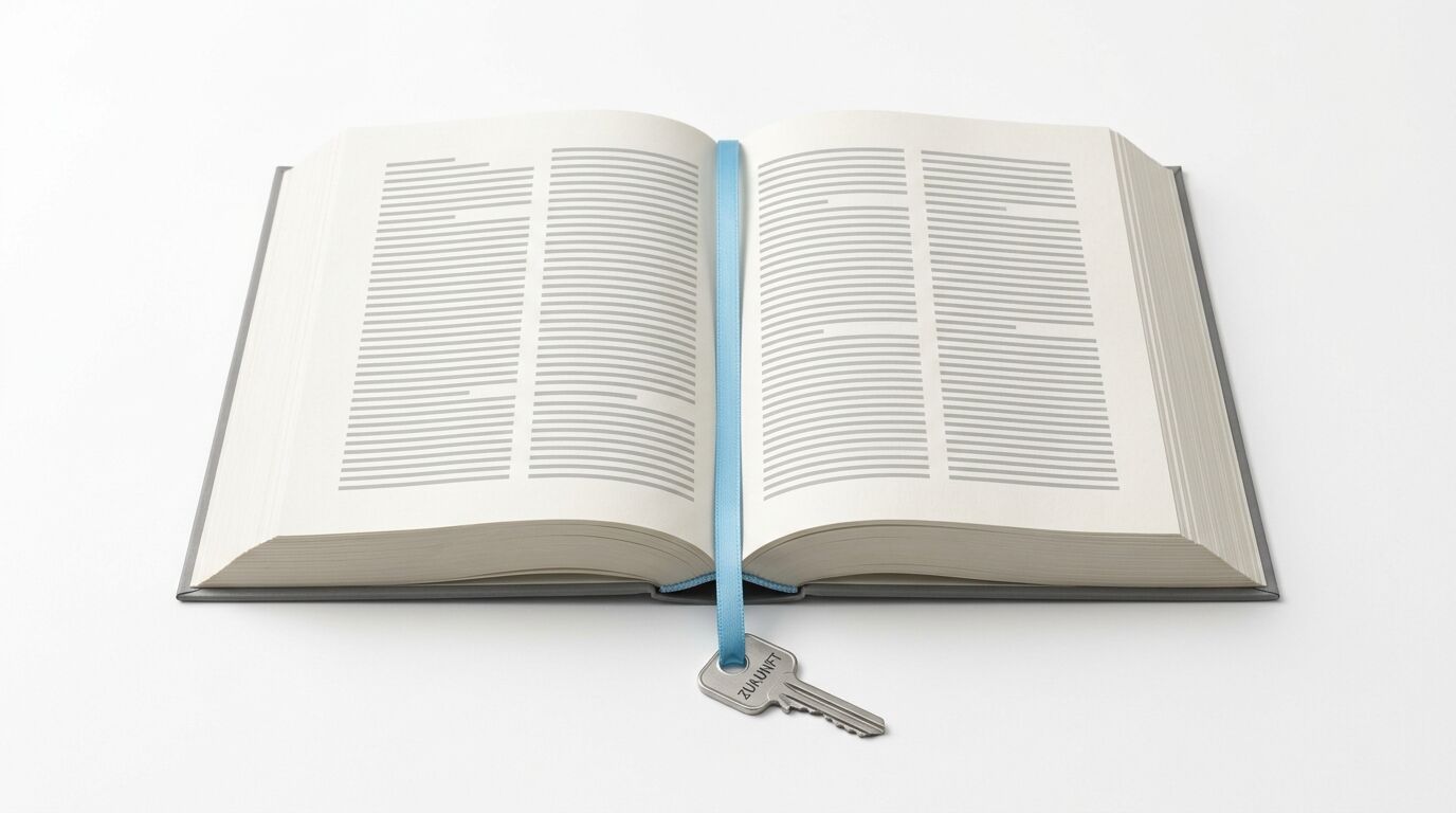 Offenes Buch mit blauem Band und Schlüssel (