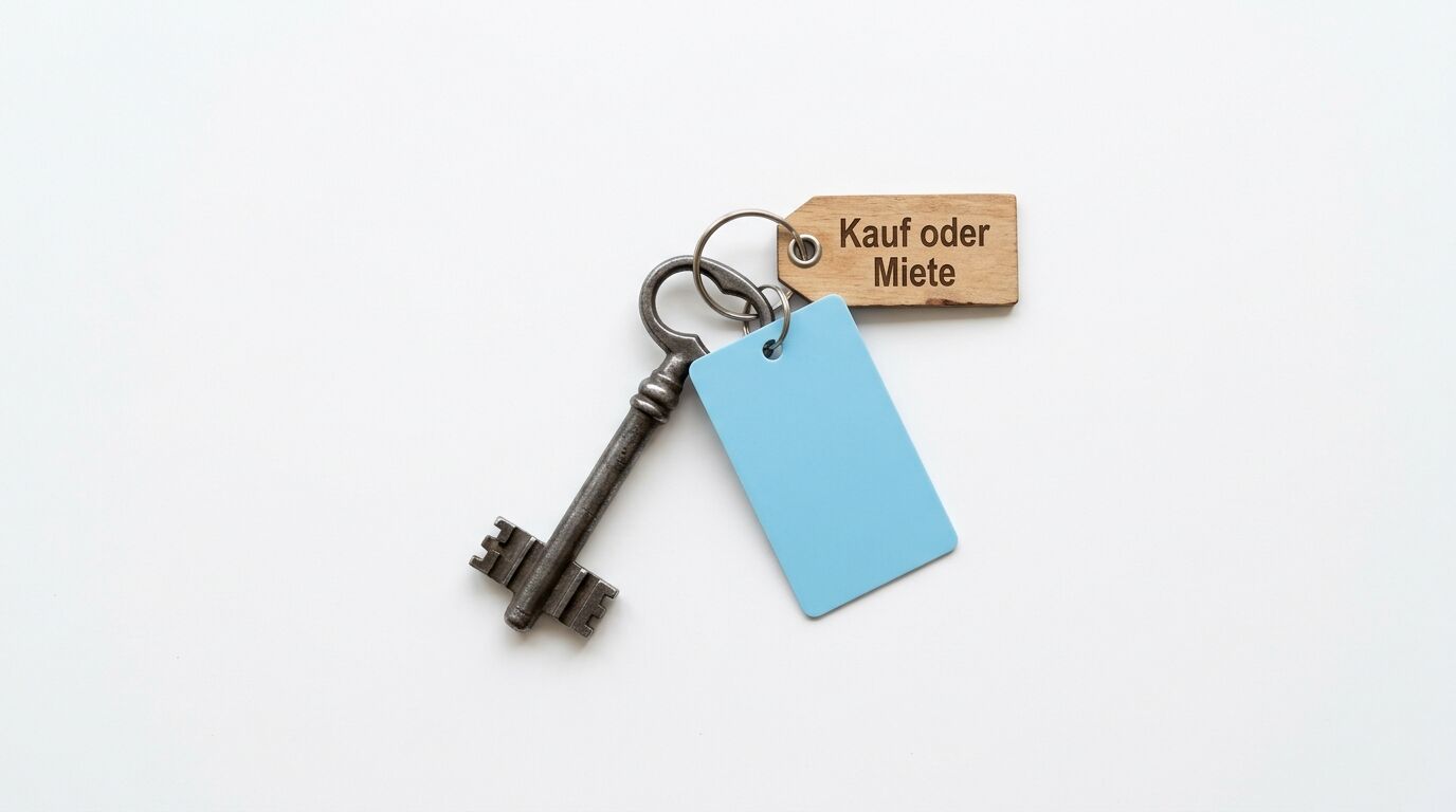 Schlüssel mit einem hellblauen Anhänger und einem Holzanhänger „Kauf oder Miete“