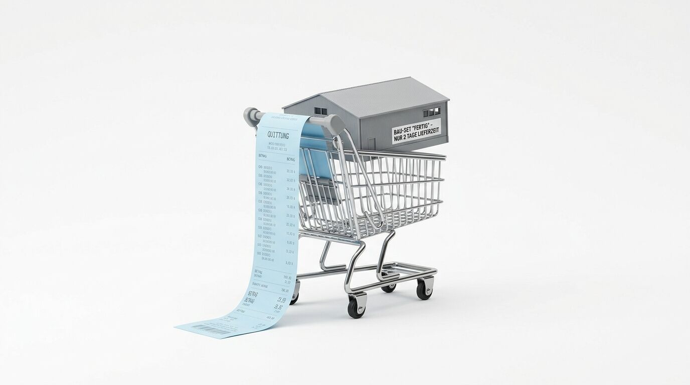 Shoppingcart mit Hausmodell, langer Quittung und Lieferhinweis-Schild vor weißem Hintergrund
