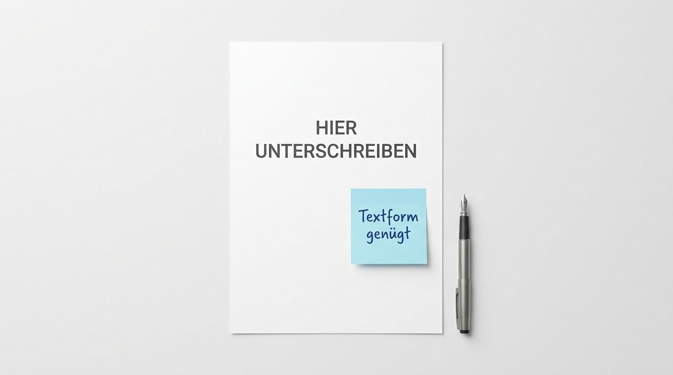 Weißes Blatt Papier mit Aufdruck „HIER UNTERSCHREIBEN“, blauer Notiz und Stift