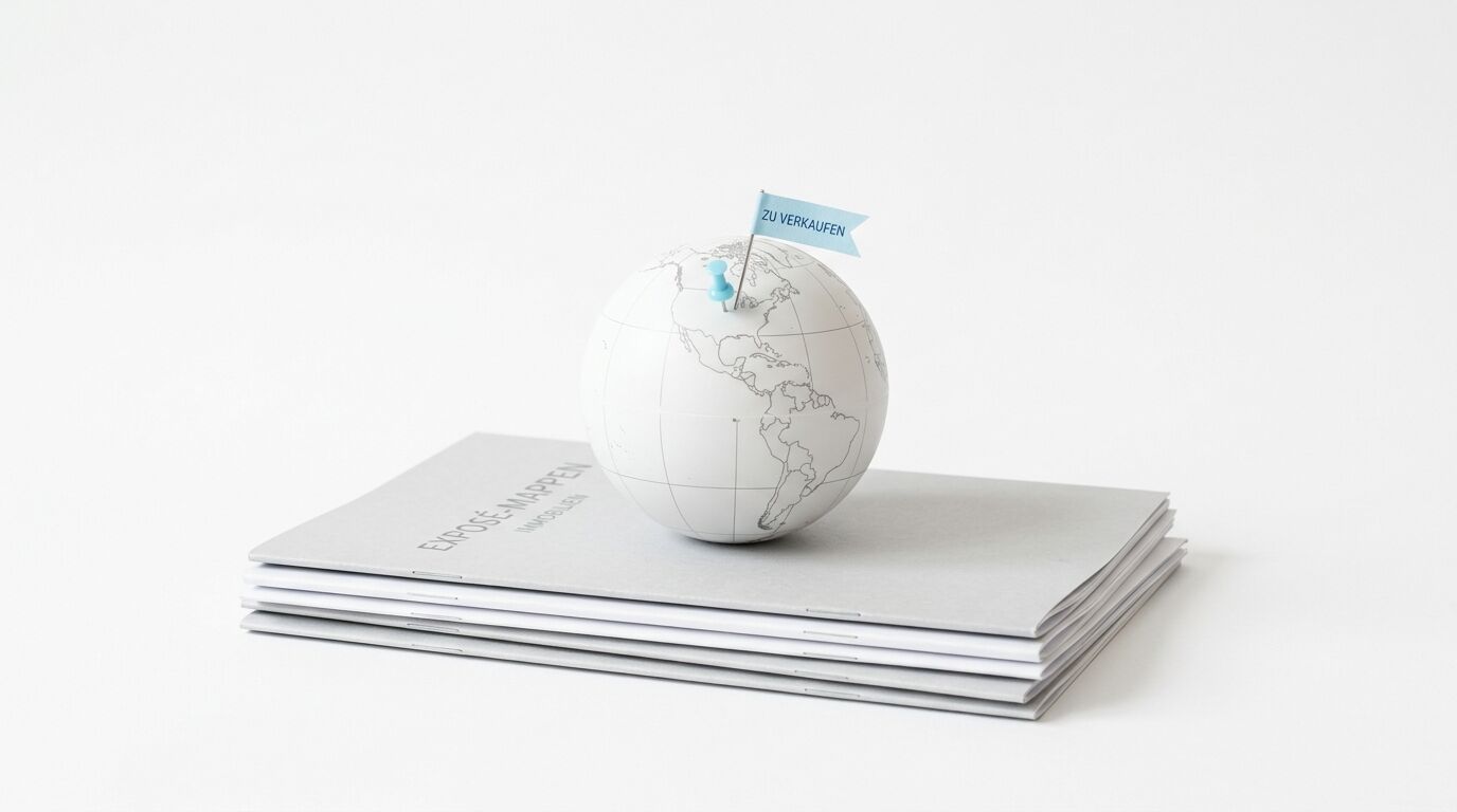 Globus mit „ZU VERKAUFEN“-Fahne auf Stapel „EXPOSÉ-MAPPEN“