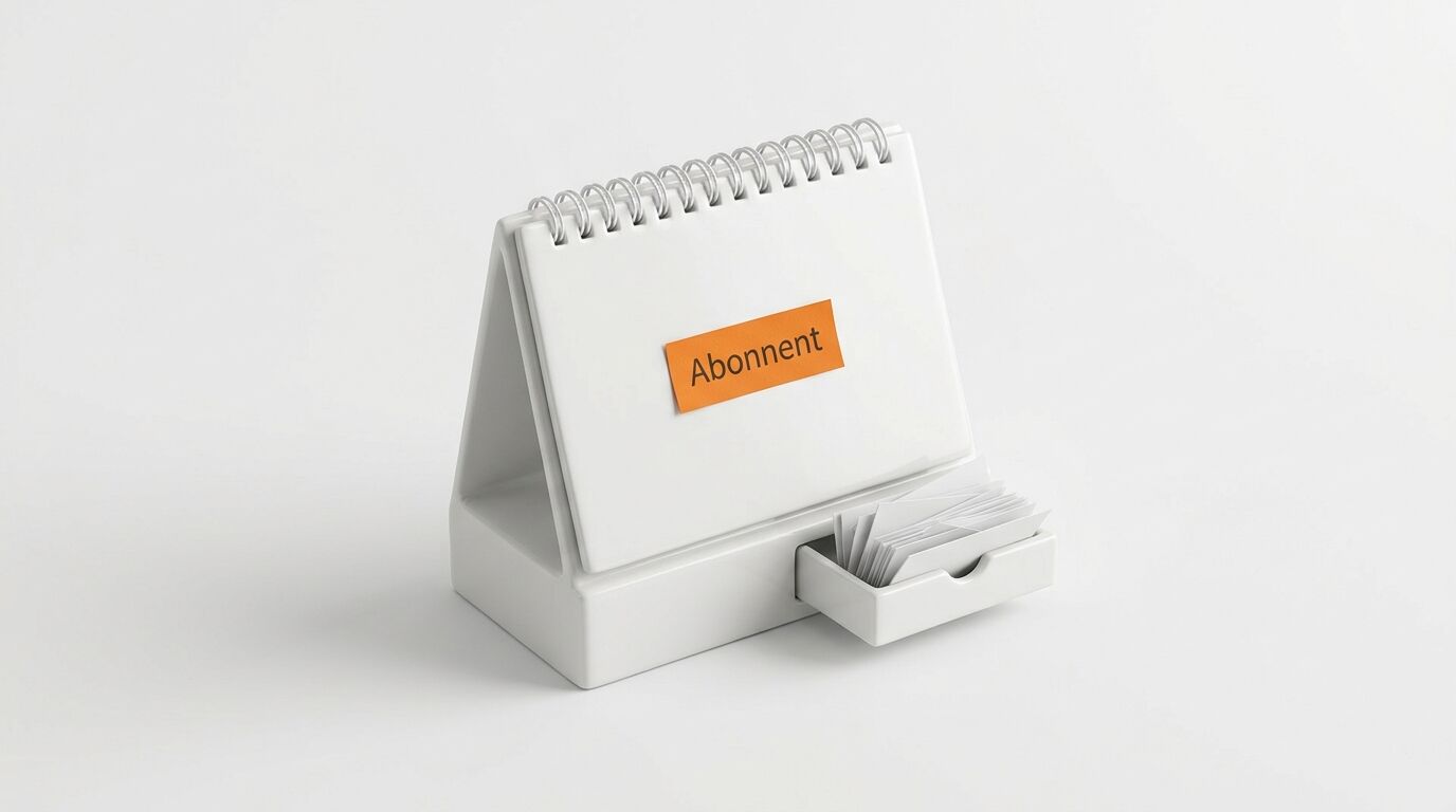 Weißer Tischaufsteller mit Ringbindung, orangem Aufkleber „Abonnent“ und Kärtchenbox