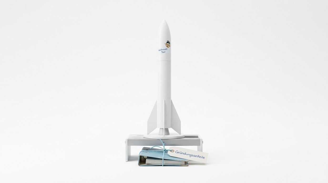 Weiße Rakete auf Sockel, darunter Akte mit „Gründungsanteile“-Schild