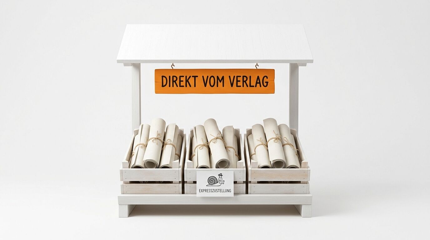 Weißer Verkaufsstand mit drei Kisten voll Papierrollen und Schild „DIREKT VOM VERLAG“
