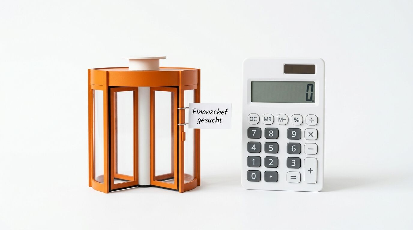 Drehtürmodell mit Schild „Finanzchef gesucht“ neben Taschenrechner auf weiß