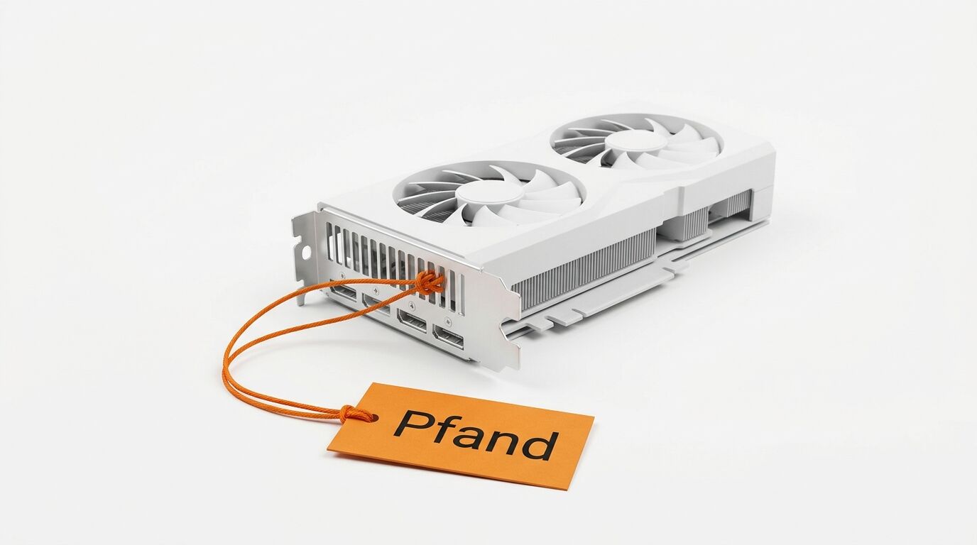 Weiße Grafikkarte auf weißem Grund mit orangefarbenem Anhänger und der Aufschrift „Pfand“