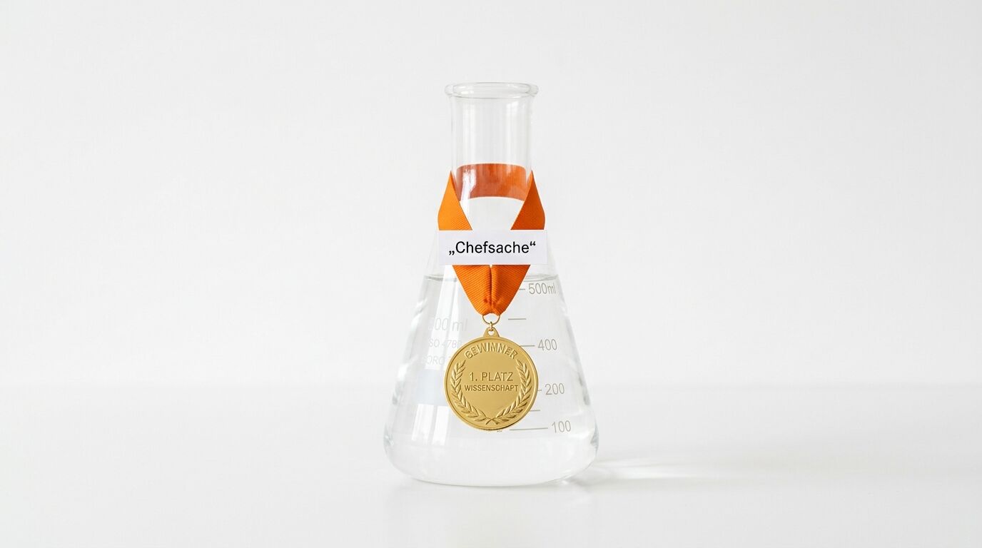 Erlenmeyerkolben mit goldener Medaille, orangefarbenem Band und Etikett auf neutralem Grund