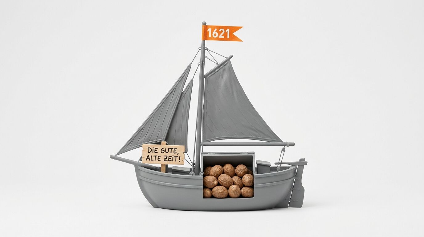 Graues Segelschiff-Modell mit Muskatnüssen, Fahne (1621) und Schild „DIE GUTE, ALTE ZEIT!“