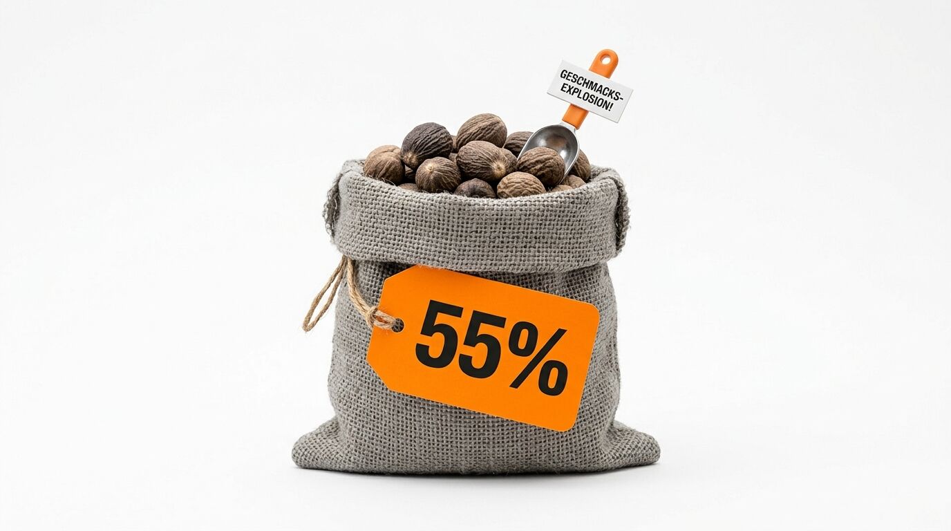 Sack mit Muskatnüssen, Schaufel (Text: