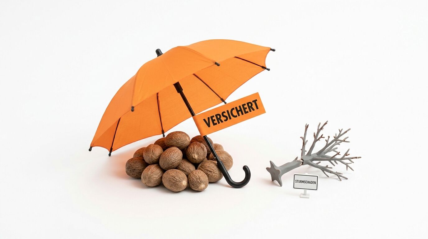 Oranger Regenschirm über Muskatnüssen, ein Schild daneben mit der Aufschrift „Versichert“
