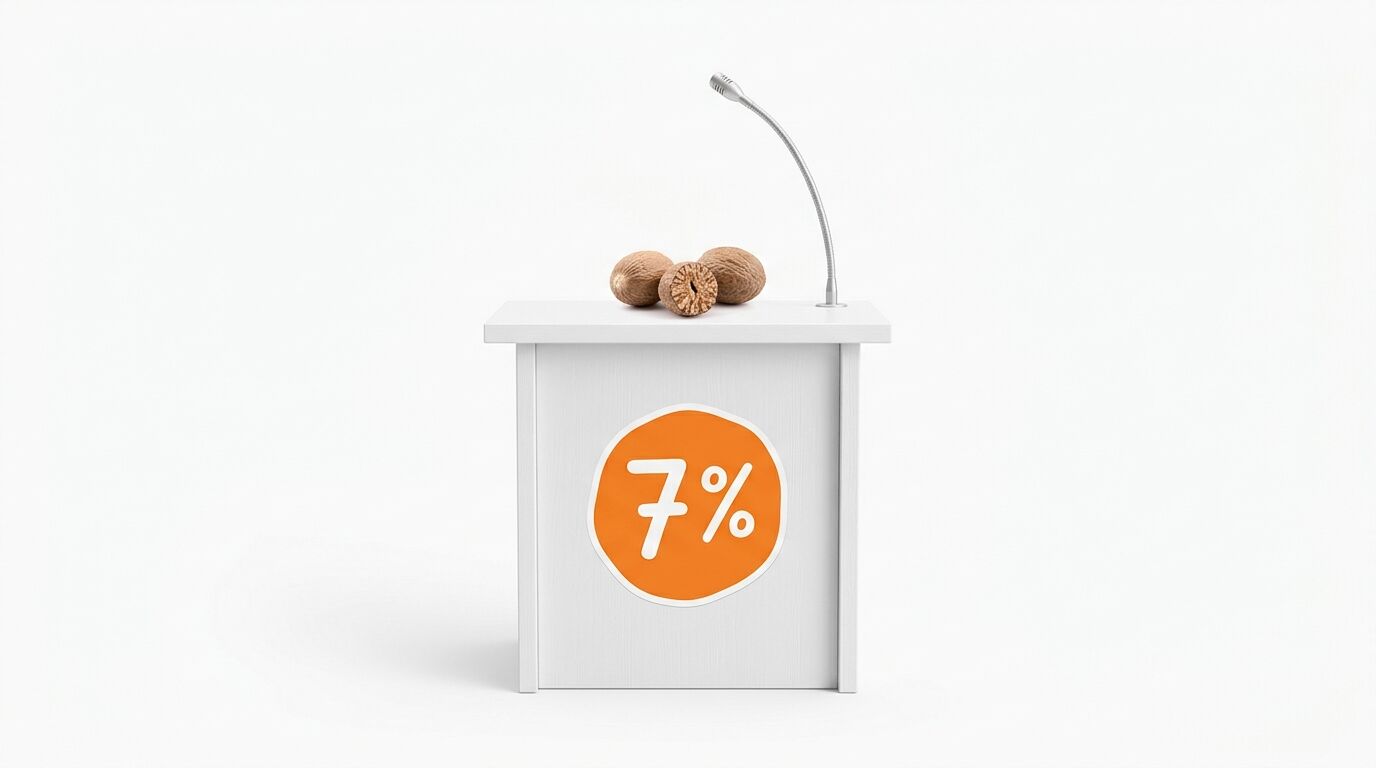 Ein Rednerpult mit Muskatnüssen, Mikrofon und einem 7%-Symbol auf orangefarbenem Grund vor Weiß