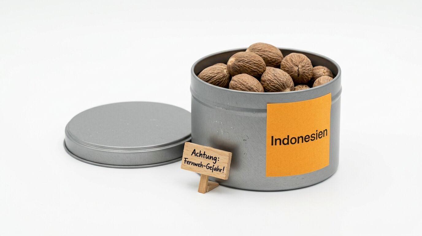 Offene Blechdose mit Muskatnüssen, Etikett „Indonesien“ und kleinem Warnschild vor Fernweh