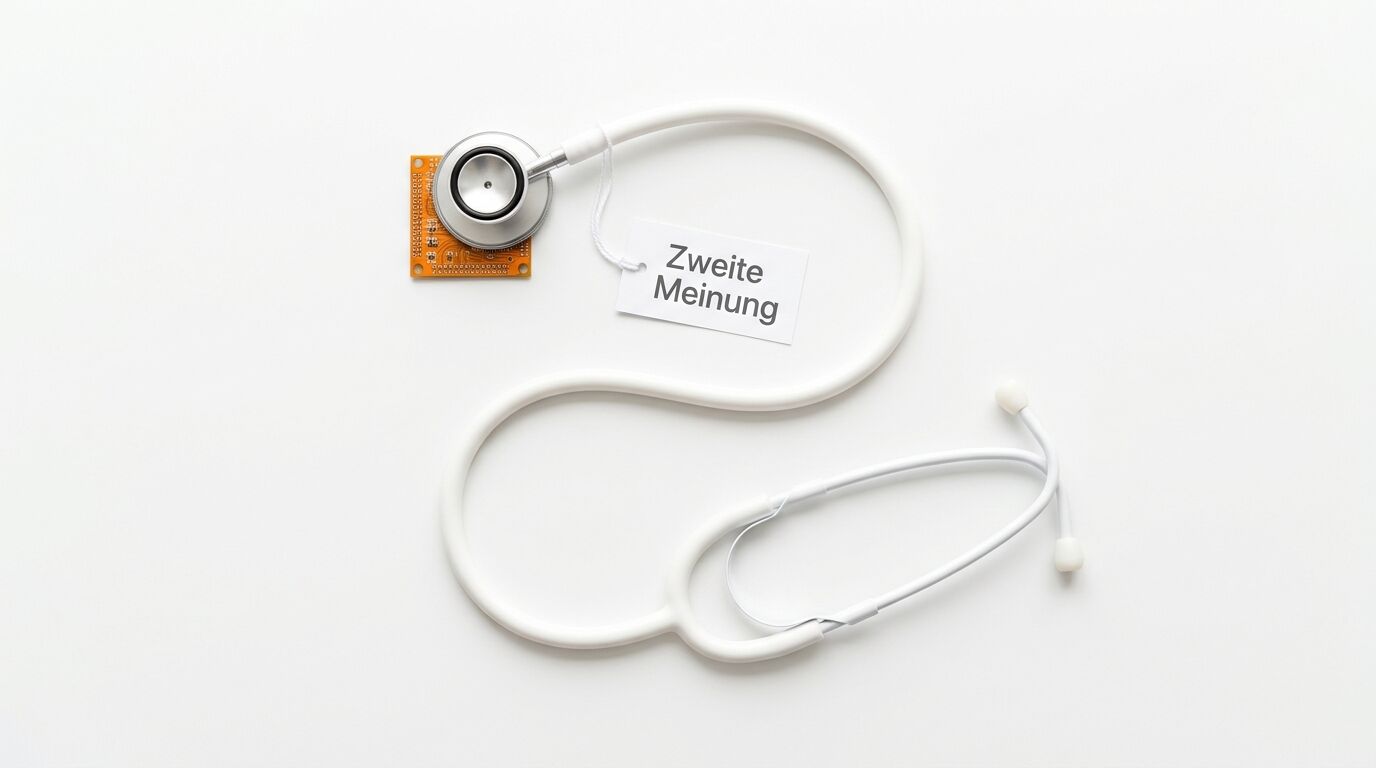 Weißes Stethoskop mit Etikett „Zweite Meinung“ und einem Sensor, isoliert auf Weiß