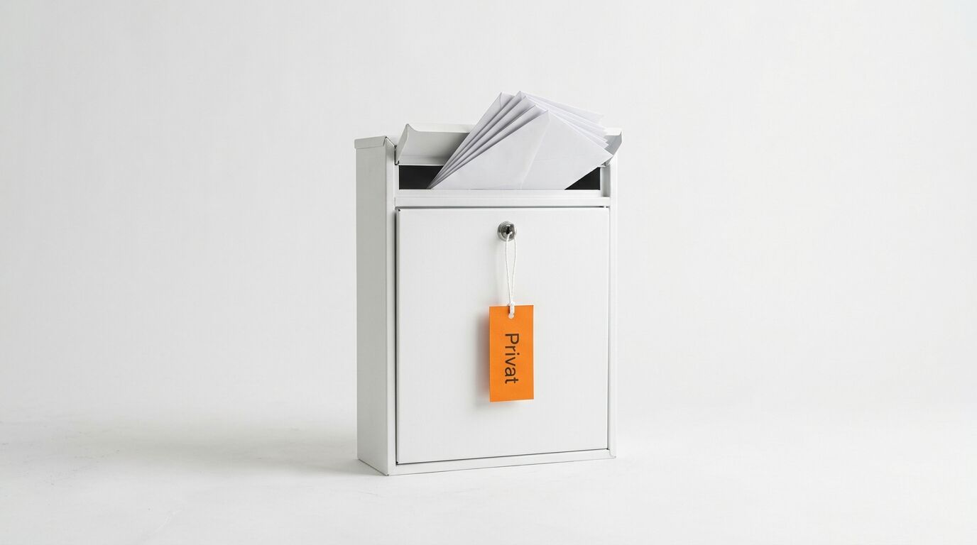 Weißer Briefkasten mit Briefen und orangefarbenem „Privat“-Schild auf weißem Grund