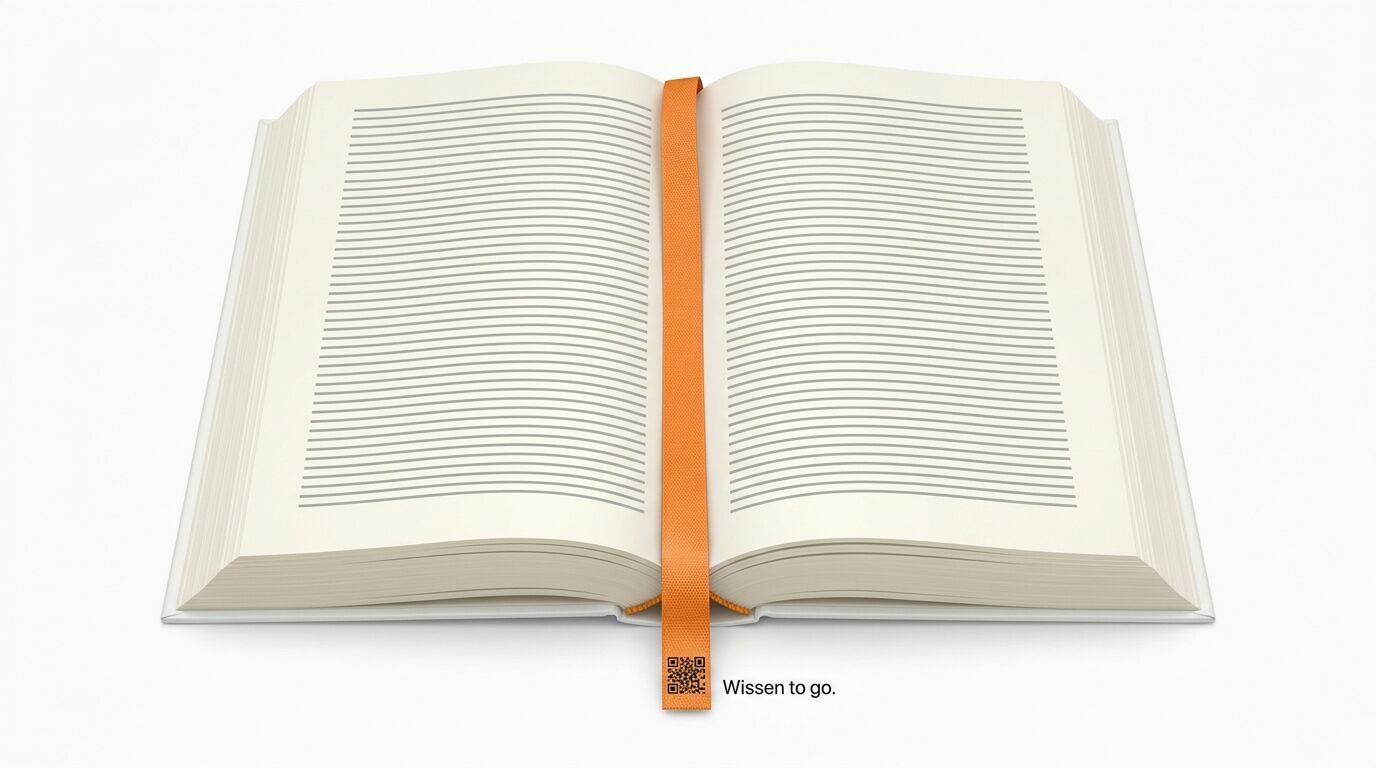 Ein aufgeschlagenes Buch mit einem orangefarbenen Lesezeichen und einem QR-Code
