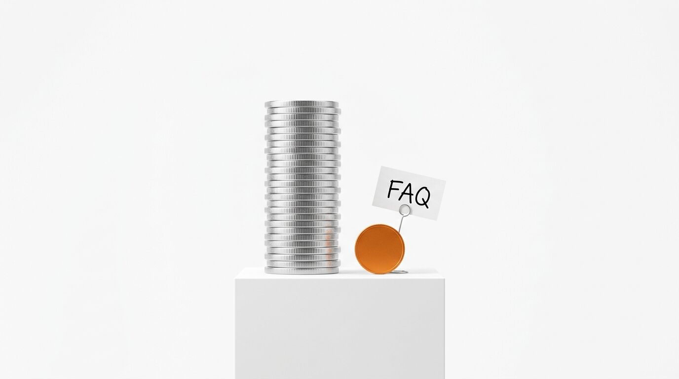 Münzstapel und Notizhalter mit Aufschrift FAQ auf weißem Würfel, weißer Hintergrund