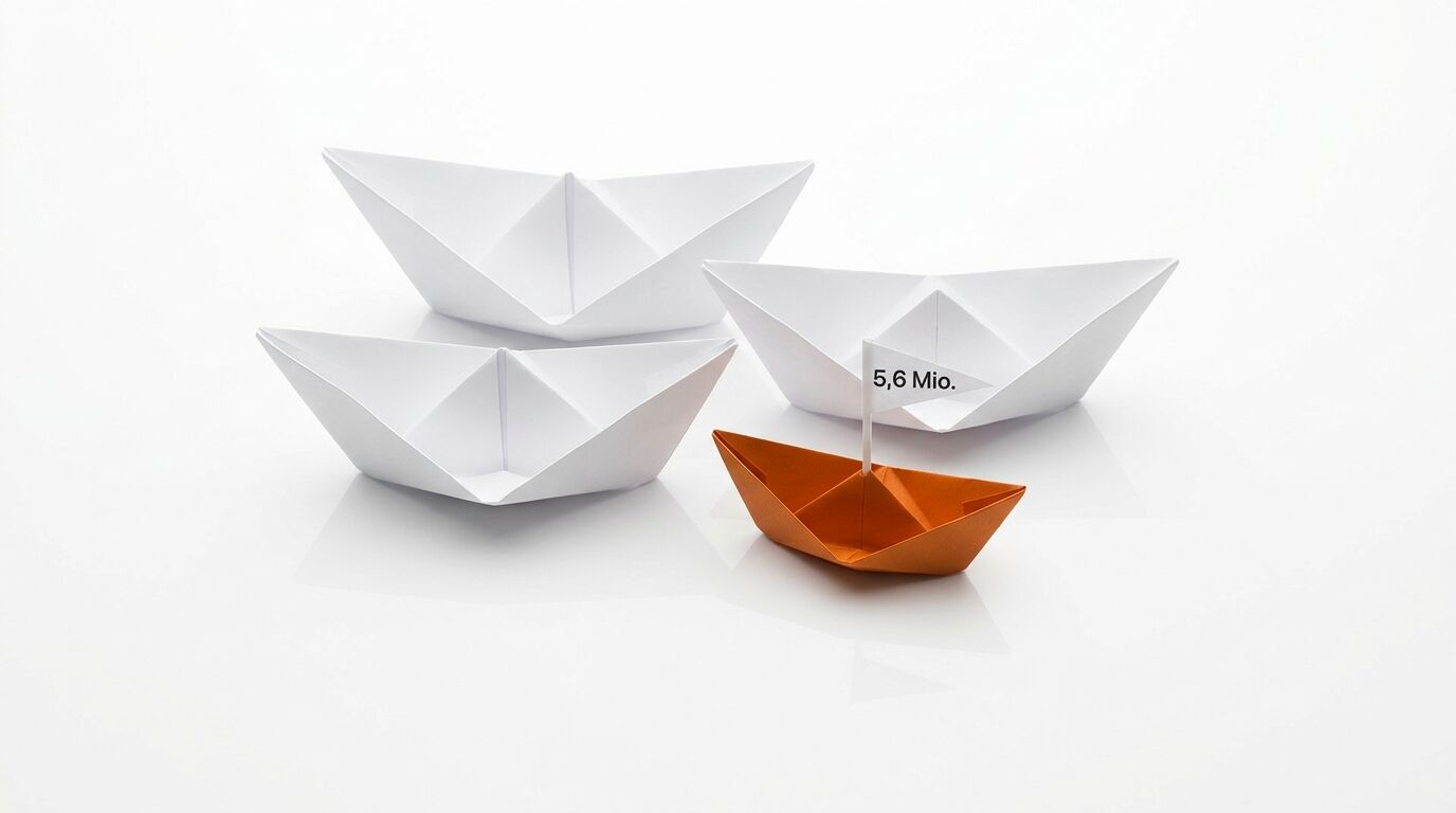 Drei weiße und ein oranges Papierboot mit „5,6 Mio.“-Fahne vor weißem Hintergrund