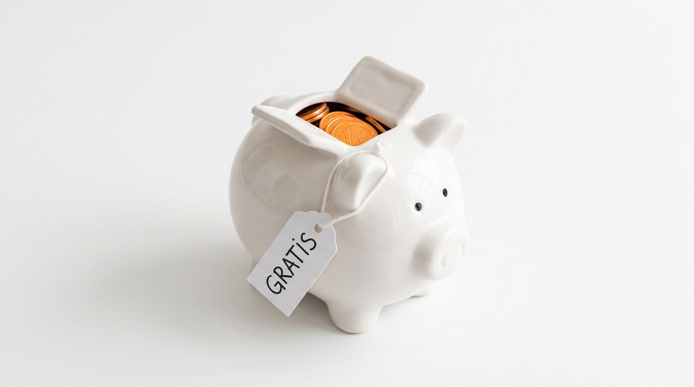Weißes Sparschwein voll Kupfergeld, Anhänger mit Aufschrift „GRATIS“, vor weißem Hintergrund