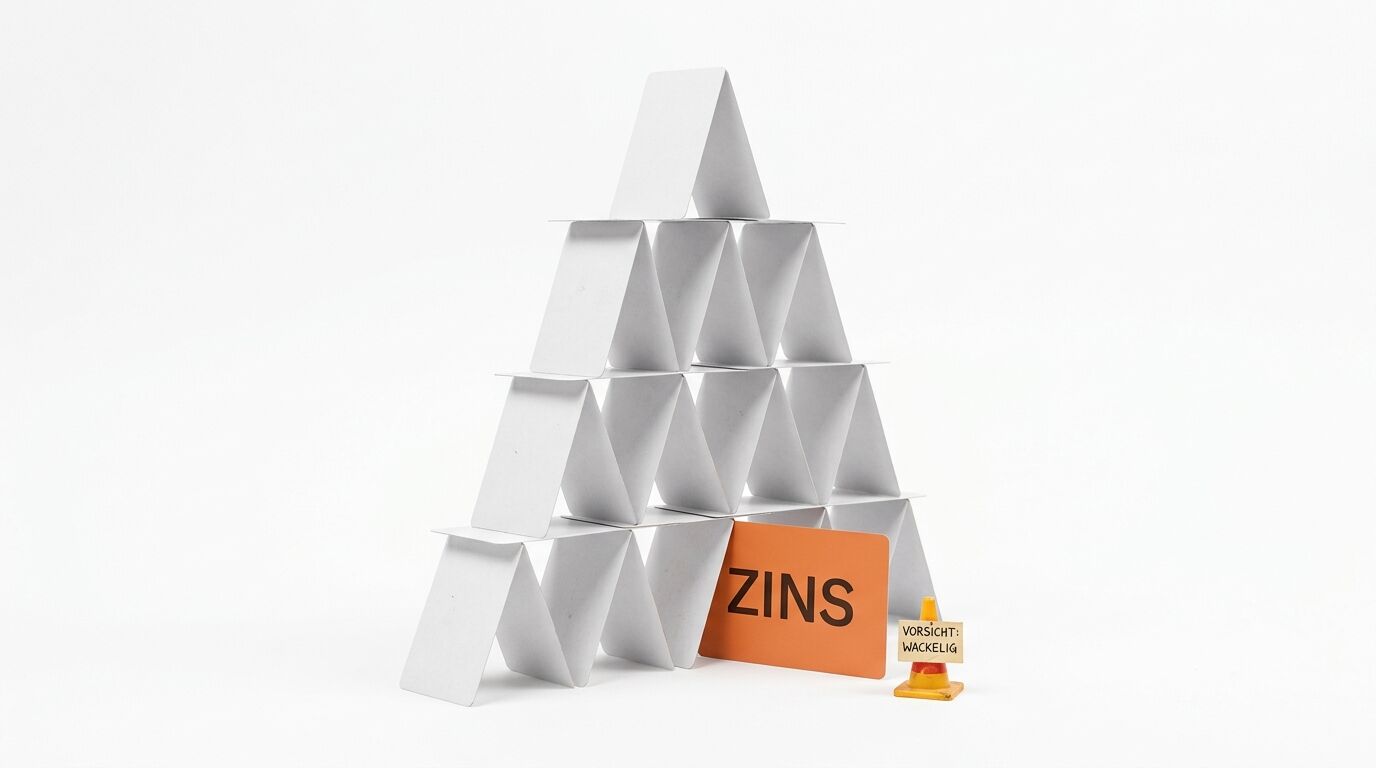 Ein Kartenhaus mit orangefarbener Zins-Karte, Warnpylon und Schild auf weißem Hintergrund