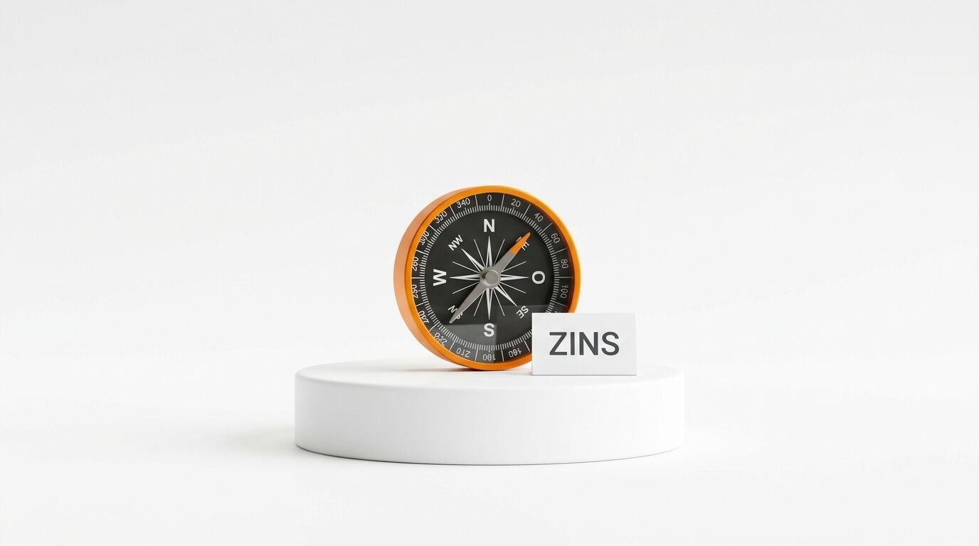 Kompass und das Wort „ZINS“ auf einem weißen runden Sockel