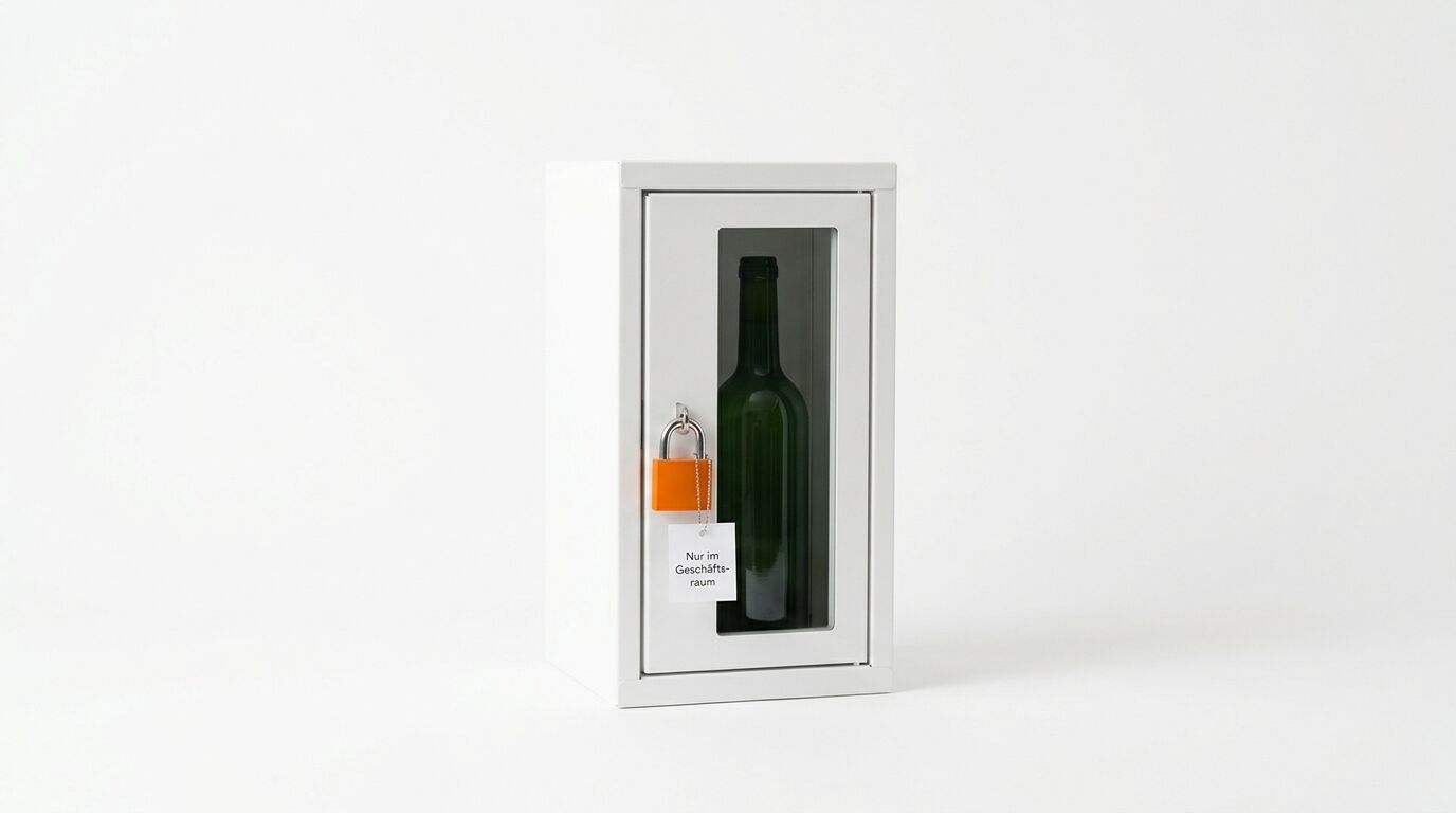 Weißer Metallschrank mit grüner Flasche hinter Glas und orangem Schloss, davor ein Zettel