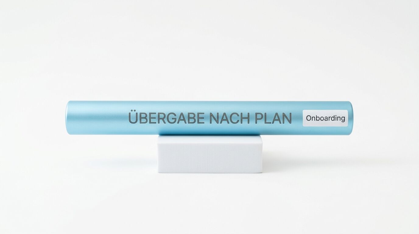 Eine hellblaue Rolle mit der Aufschrift "ÜBERGABE NACH PLAN" und "Onboarding" auf weißem Untergrund